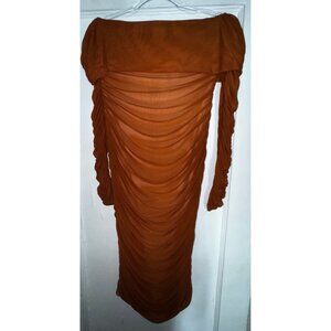 Fashion Nova Rust Ruched Off-Shoulder Midi Dress XL Sexy Stretch Bodycon Date